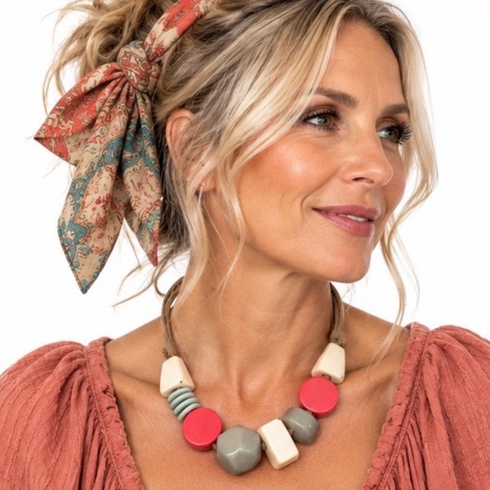 Handcrafted Geometric Chunky Bead Statement Necklace Boho Cord Button Closure